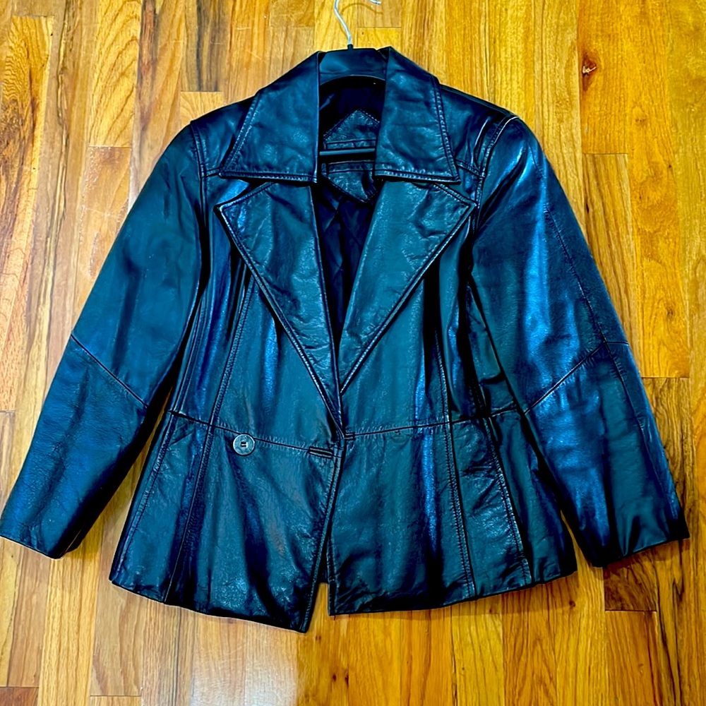 Ladies black leather blazer coat